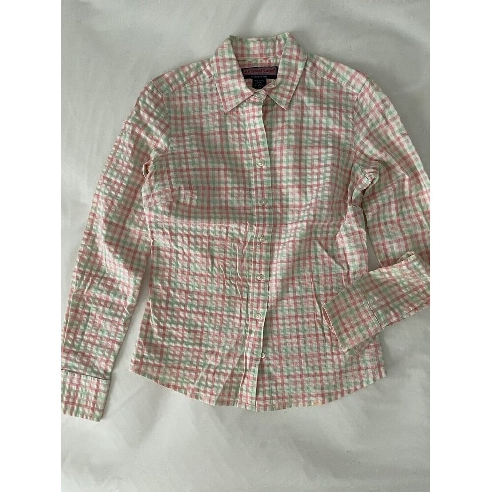 Vineyard Vines Long Sleeve Shirt Button Down Women's Sz 2 Pink/White/Green Check